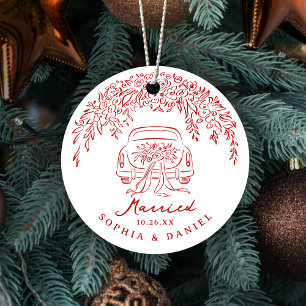 Red Whimsical Car Our First Christmas Married Ceramic Tree Decoration