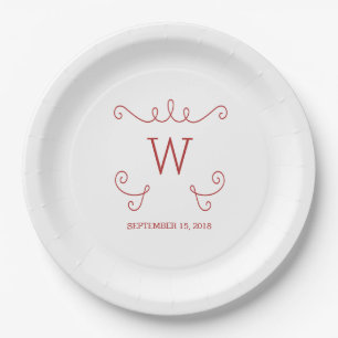 Red Whimsical Flourish Monogram Paper Plates