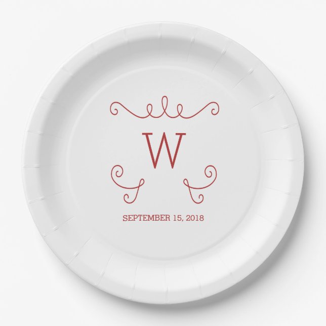 Red Whimsical Flourish Monogram Paper Plates (Front)