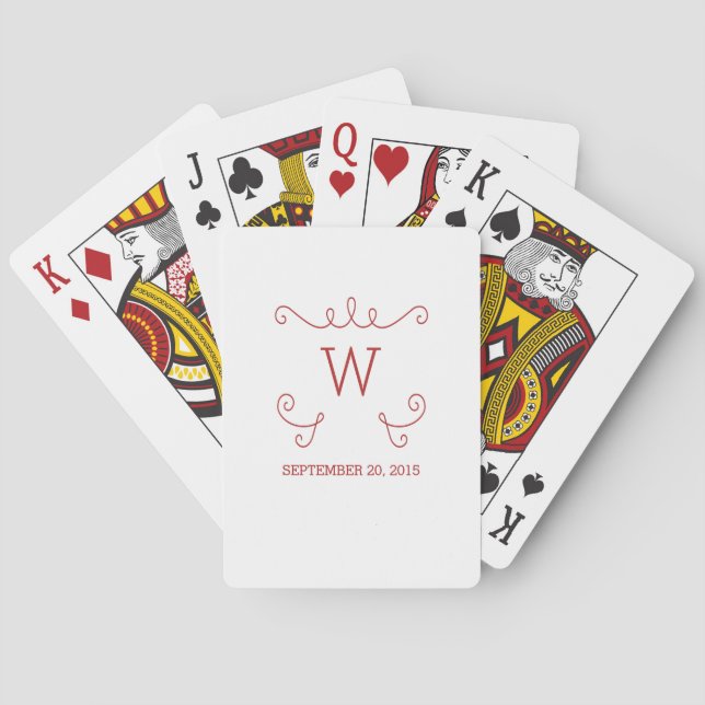 Red Whimsical Flourish Monogram Playing Cards (Back)