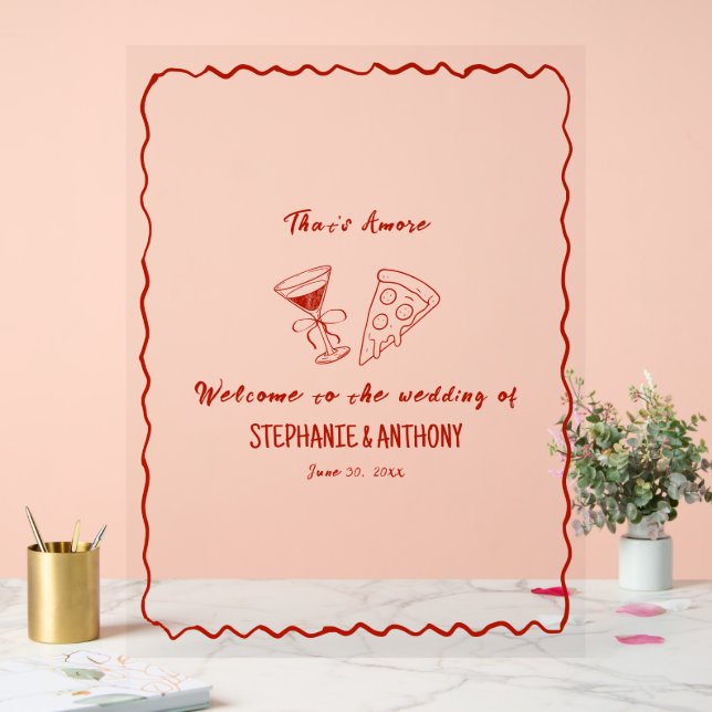 Red Whimsical Frame That's Amore Italian Wedding Acrylic Sign (Wedding)