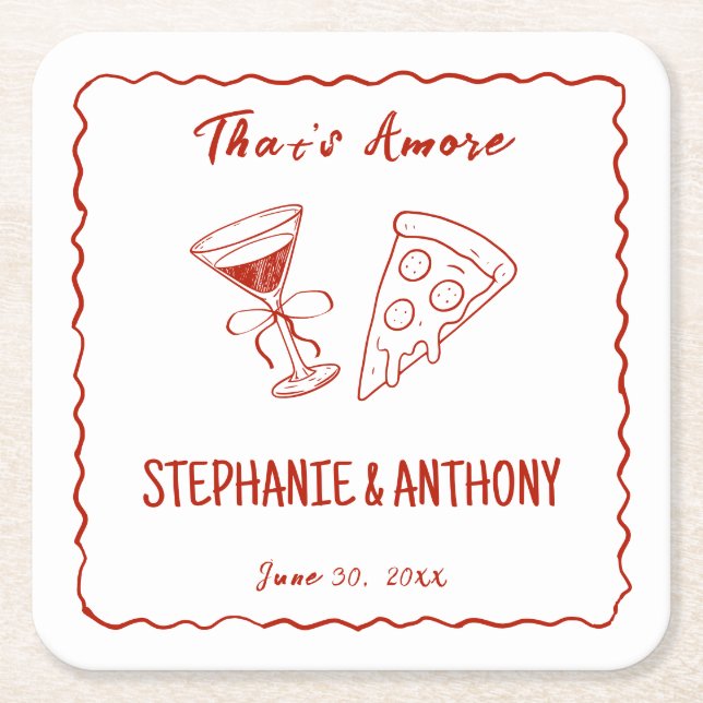 Red Whimsical Frame That's Amore Italian Wedding Square Paper Coaster (Front)