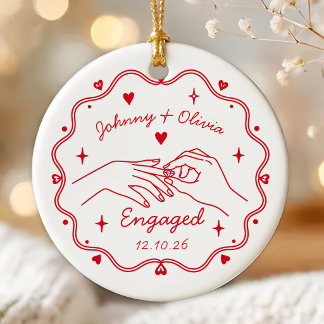 Red Whimsical Hand Drawn Engagement Ceramic Tree Decoration