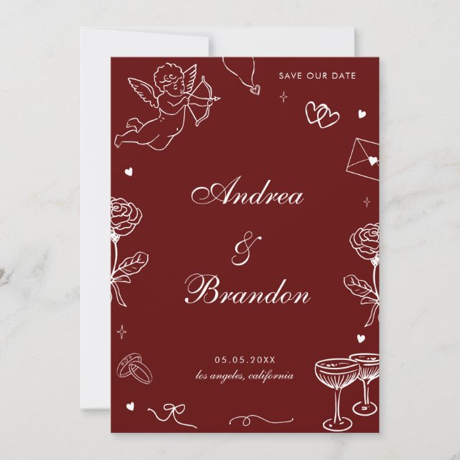 Red Whimsical Hand Drawn Fun Scribble Wedding Save The Date (Front)