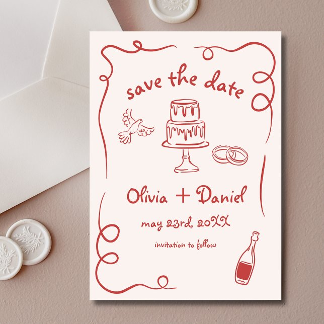 Red Whimsical Hand Drawn Wedding French Save The Date (Creator Uploaded)
