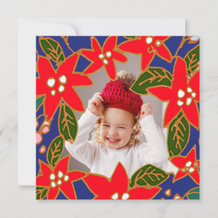 Red Whimsical Poinsettias Holiday Photocard Card