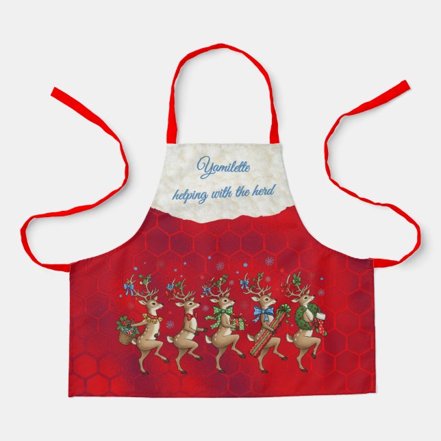 Red Whimsical Reindeer All-Over Print Apron (Front)