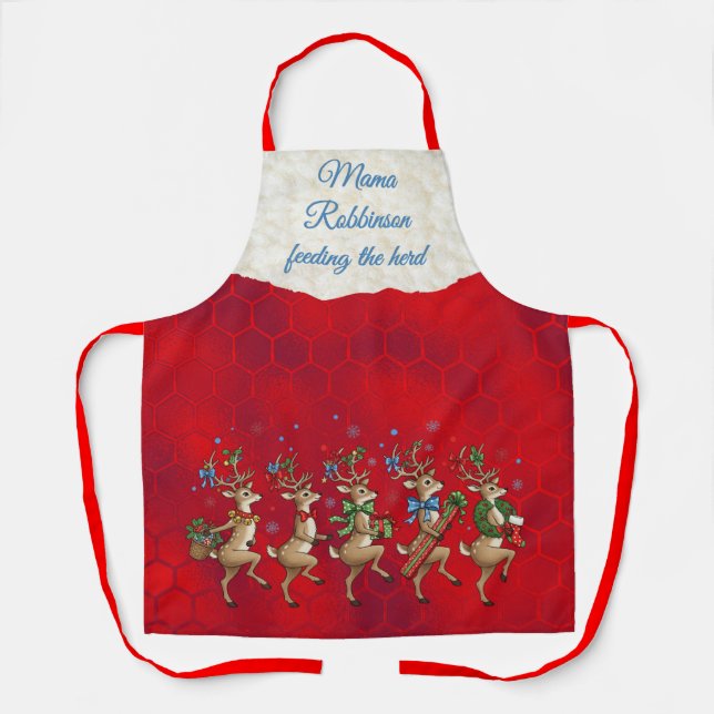 Red Whimsical Reindeer All-Over Print Apron (Front)