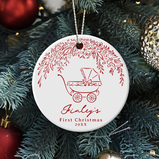 Red Whimsical Stroller Baby's First Christmas Ceramic Tree Decoration (Red Whimsical Stroller Baby's First Christmas Ceramic Ornament)