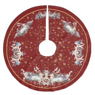 Red Whimsical Vintage Reindeer Christmas Brushed Polyester Tree Skirt