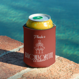Red Whimsical Wine Doodle Bachelorette Custom Name Can Cooler