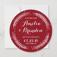 Red Whimsical Winter Wreath Save the Date Card