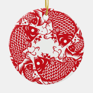 Red Whirling Koi Carp Fish Group Ceramic Tree Decoration