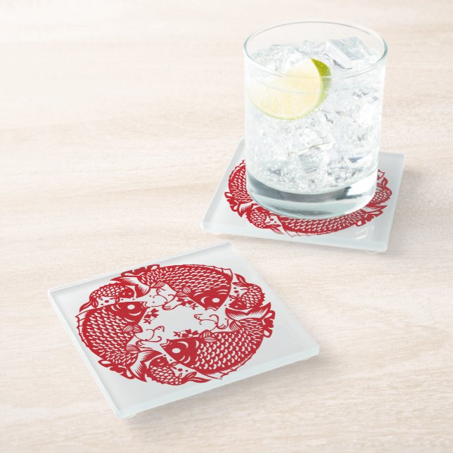 Red Whirling Koi Carp Fish Group SqGC Glass Coaster (Angled)