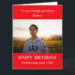 Red white 14th Photo Birthday card Grandson, LARGE<br><div class="desc">Are you looking to buy a Photo Birthday card for grandson from Grandmother and Grandfather, Grandma and Grandpa? For age 14. ADD AGE to the card of your teenage grandson. ANY AGE - 13, 15, 16, 17, 18th. LARGE Red and white card. ADD RELATIONSHIP of your choice. Son, nephew, friend....</div>