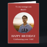 Red white 14th Photo Birthday card son, LARGE<br><div class="desc">Are you looking to buy a Photo Birthday card for son from mum, mum, mother? For age 14. LARGE Red and white card. Alternatively, you can add any relationship and add ANY AGE - 13, 15, 16, 17, 18th. Add your own selected photo into a red round frame to make...</div>