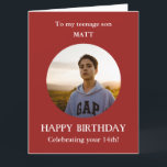 Red white 14th Photo Birthday card son, LARGE<br><div class="desc">Are you looking to buy a Photo Birthday card for son from mum, mum, mother? For age 14. LARGE Red and white card. Alternatively, you can add any relationship and add ANY AGE - 13, 15, 16, 17, 18th. Add your own selected photo into a red round frame to make...</div>