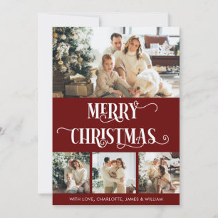 Red & White 4 Photo Collage Merry Christmas  Holiday Card