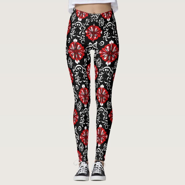 Red White Abstract Pattern Leggings (Front)