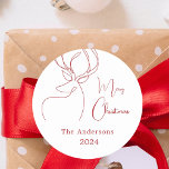 Red white abstract reindeer modern Christmas Classic Round Sticker<br><div class="desc">White background,  and a red abstract one line reindeer.  Personalise and add a name and year. Text: Merry Christmas</div>