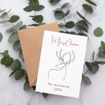 Red white abstract reindeer modern Christmas Holiday Card<br><div class="desc">White background,  and a black abstract one line reindeer.  Personalise and add a name and year. Text: Merry Christmas. Red text on the front.

Back: add your note and your names.</div>