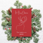 Red white abstract reindeer modern Christmas Holiday Card<br><div class="desc">Red background,  and a white abstract one line reindeer.  Personalise and add a name and year. Text: Merry Christmas. 

Back: add your note and your names.</div>
