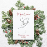 Red white abstract reindeer modern Christmas Holiday Card<br><div class="desc">White background,  and a black abstract one line reindeer.  Personalise and add a name and year. Text: Merry Christmas. Red text on the front.

Back: add your note and your names.</div>