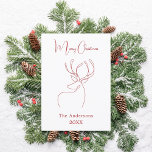 Red white abstract reindeer modern Christmas Holiday Card<br><div class="desc">White background,  and a red abstract one line reindeer.  Personalise and add a name and year. Text: Merry Christmas

Back: add your note and your names.</div>