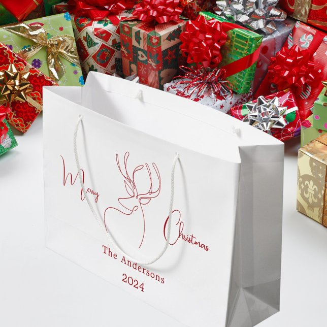 Red white abstract reindeer modern Christmas Large Gift Bag (Creator Uploaded)