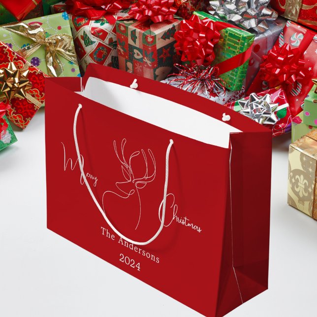 Red white abstract reindeer modern Christmas Large Gift Bag (Creator Uploaded)