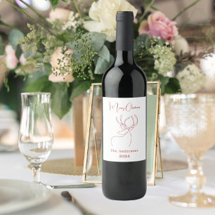 Red white abstract reindeer modern Christmas Wine Label