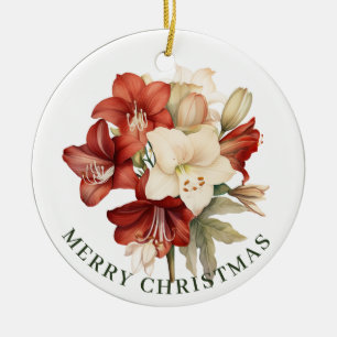  Red & White Amaryllis on White Merry Christmas  Ceramic Tree Decoration