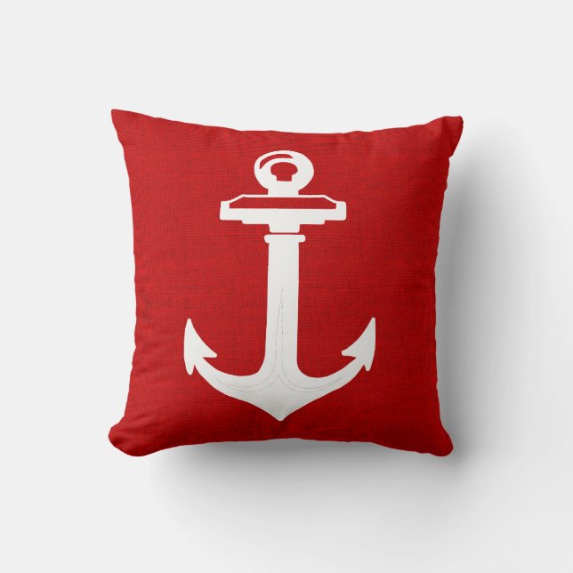 Red White Anchor Nautical Throw Pillow (Front)
