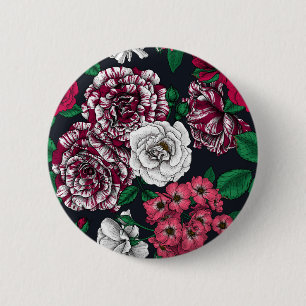 Red, white and bi-colour roses with green leaves o 6 cm round badge