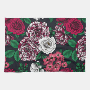 Red, white and bi-colour roses with green leaves o tea towel