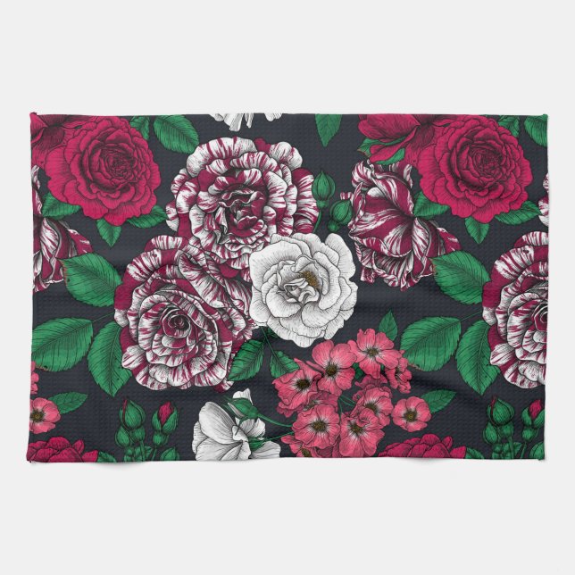 Red, white and bi-colour roses with green leaves o tea towel (Horizontal)