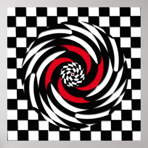 Red, White and Black Chequered Vortex Print