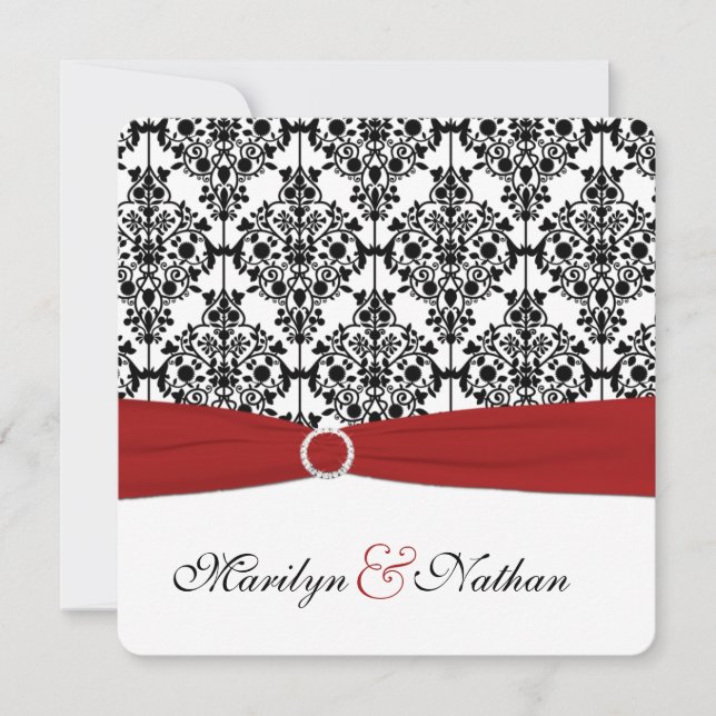Red, White, and Black Damask Wedding Invitation 2 (Front)