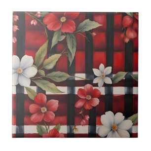 Red White and Black Farmhouse Floral Check Tile
