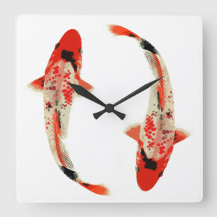 Red, White, and Black Koi Fish Square Wall Clock