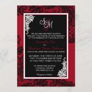 Red White and Black Lace Wedding Invitation Card