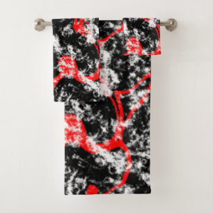 Red, White and Black Marble Abstract Bath Towel Set