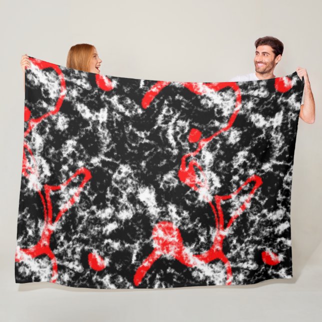 Red, White and Black Marble Abstract Fleece Blanket (In Situ)