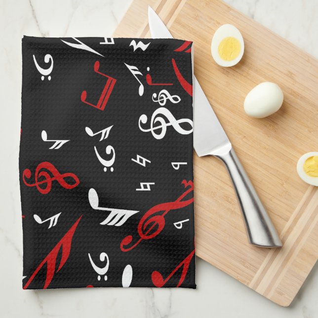 Red White and Black Musical Notes Tea Towel (Quarter Fold)