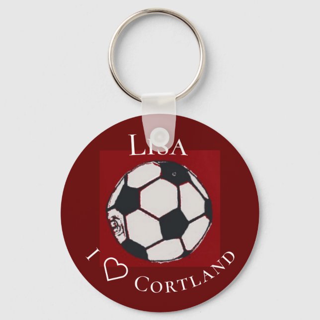 Red white and black soccer personalised key ring (Front)