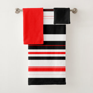 Red white and Black Stripes Bath Towel Set