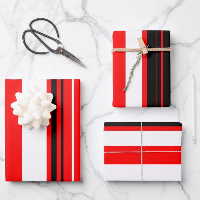 Red white and Black Stripes  Wrapping Paper Sheet (Front)