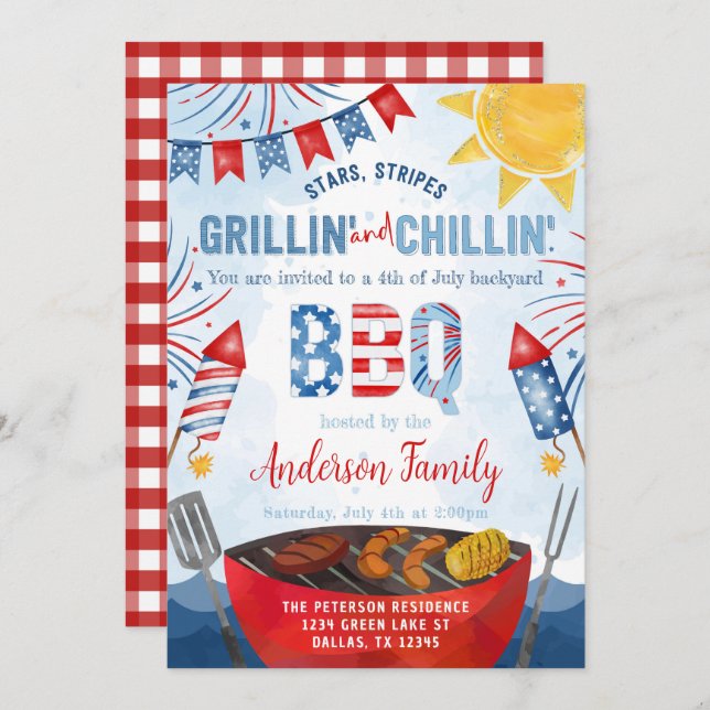 Red White and Blue 4th of July Backyard BBQ Party Invitation (Front/Back)