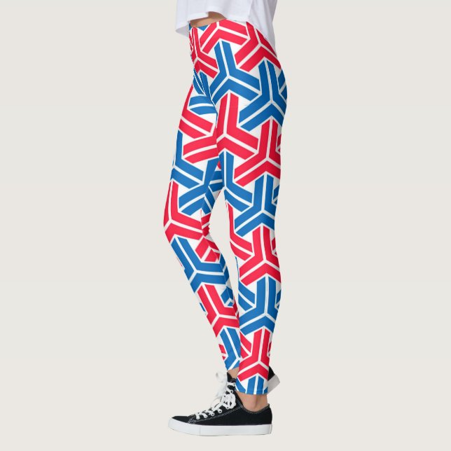 Red white and blue abstract geometric pattern leggings (Left)