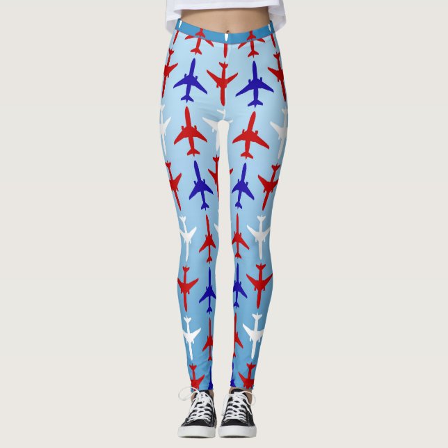 Red White and Blue Aeroplane Pattern Leggings (Front)